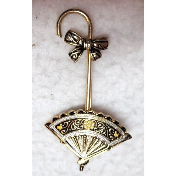 Vintage Damascene Umbrella Parasol With Bow Signed Spain Brooch Pin 2.25" - Picture 1 of 6